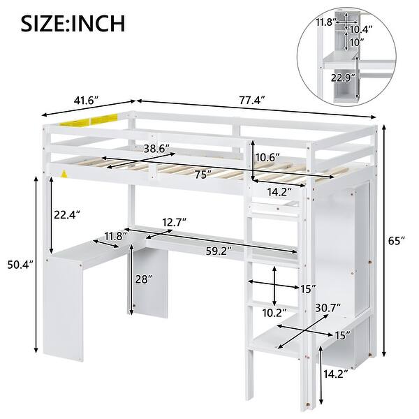 dimension image slide 0 of 2, Twin Loft Bed with L-shaped Desk, Wardrobe, and Storage Shelves, Grey