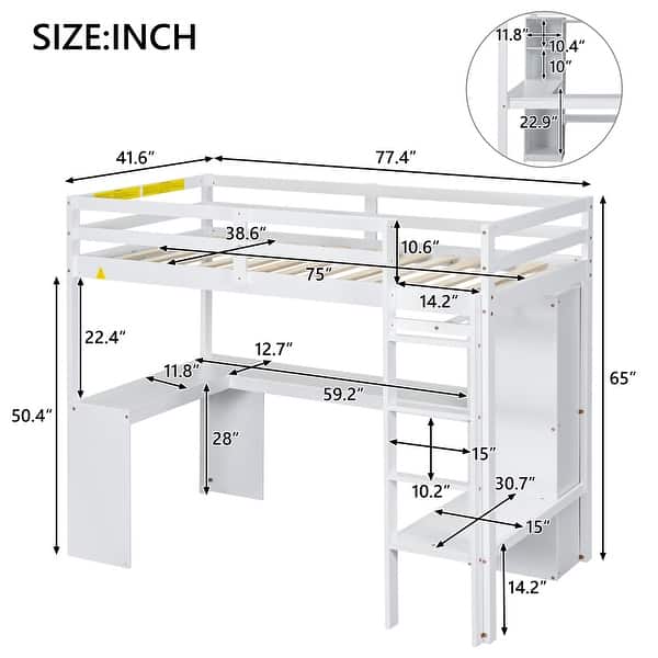 dimension image slide 0 of 2, Twin Size Loft Bed with L-shaped Desk, Wardrobe and Storage Shelves, Grey
