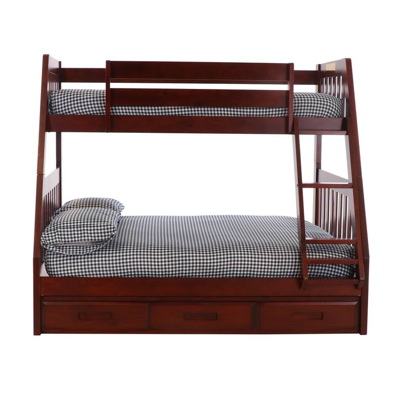 Twin Over Full Bunk Bed with Storage - Solid Pine Wood Frame - Merlot Finish - HomeStock
