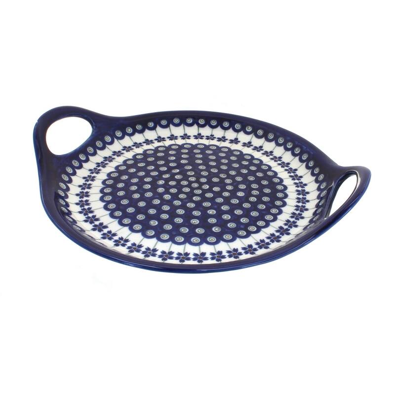 Blue Rose Polish Pottery 1333 Zaklady Round Serving Tray with Handles - Flowering Peacock