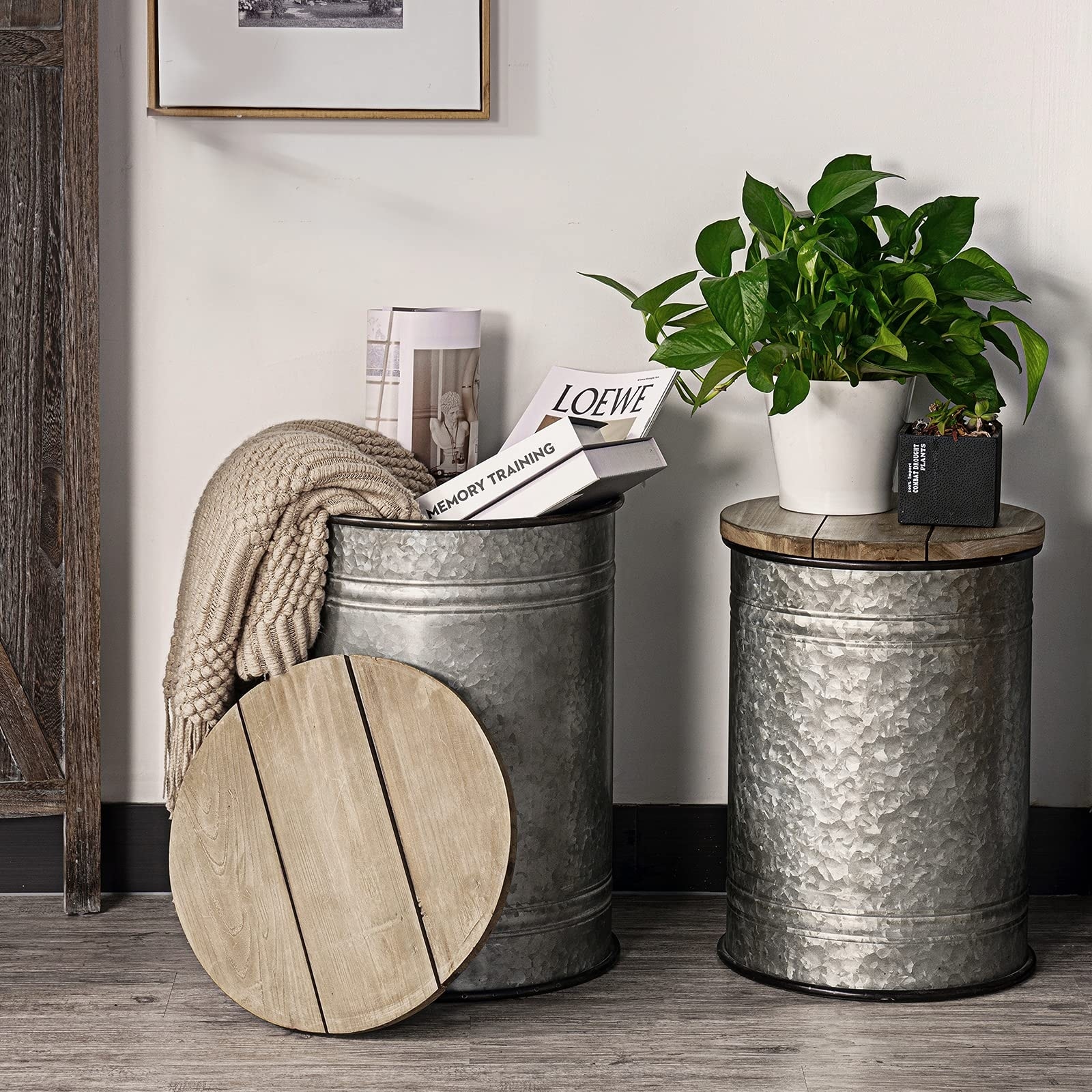 Rustic Storage Bins Farmhouse End Table Farmhouse Furniture Galvanized Metal Stool Ottoman Seat with Round Wood Lid Set of 2 Bed Bath Beyond 37626461