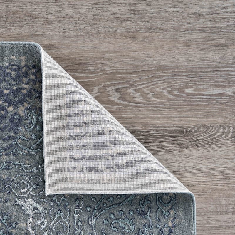Sevita Carved Transitional Damask Polyester Area Rug, Blue and Silver