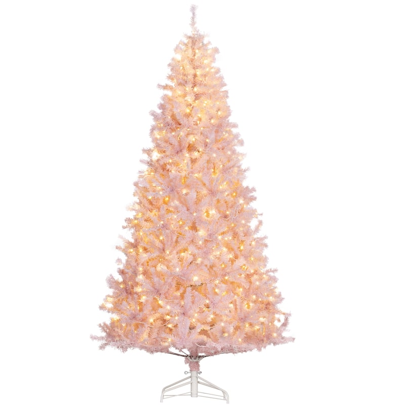 HOMCOM Pre-Lit Douglas Fir Tree - Warm White LED Lights, Realistic Branches, Pink