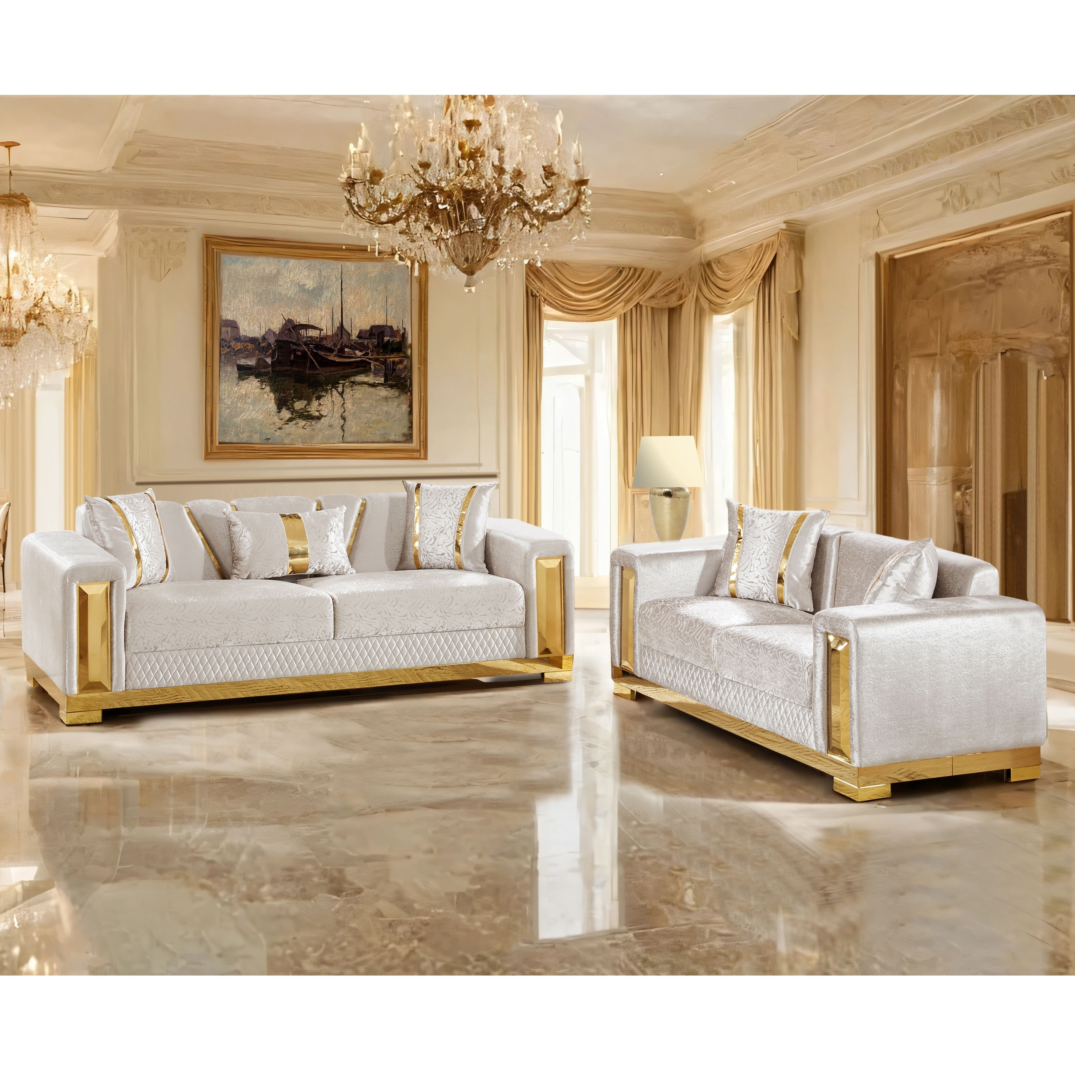 Furniture of America Ospray II Glam 2-Piece Solid Wood Sofa Set with Accent Pillows