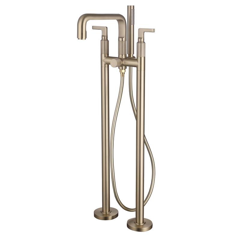 33" H Solid Brass Floor Mounted Freestanding Tub Faucet with Hand Shower and Diverter - Brushed Gold