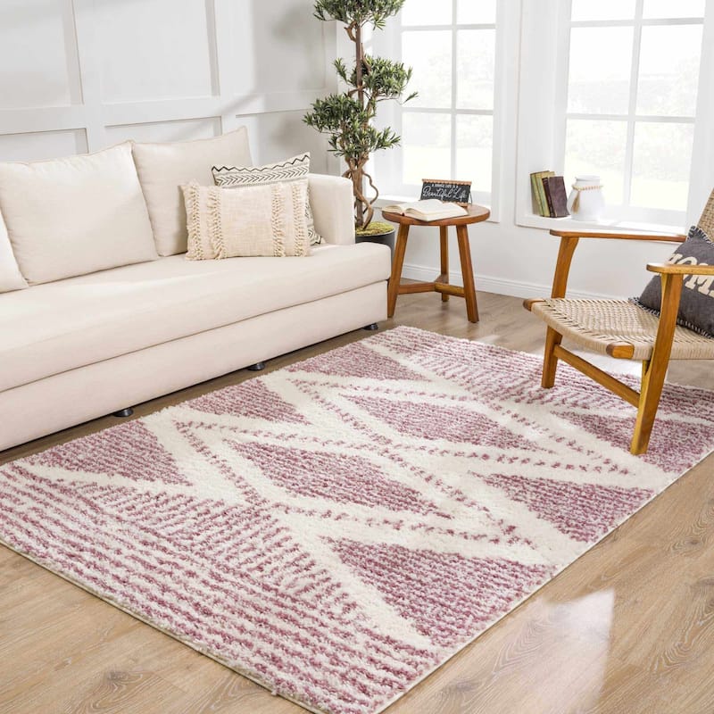 Hauteloom Lux Shag Collection Moroccan Farmhouse Shaggy High Plush Pile Area Rug - 5'3" x 7'3" - Pink, Cream / Galaxy Shag