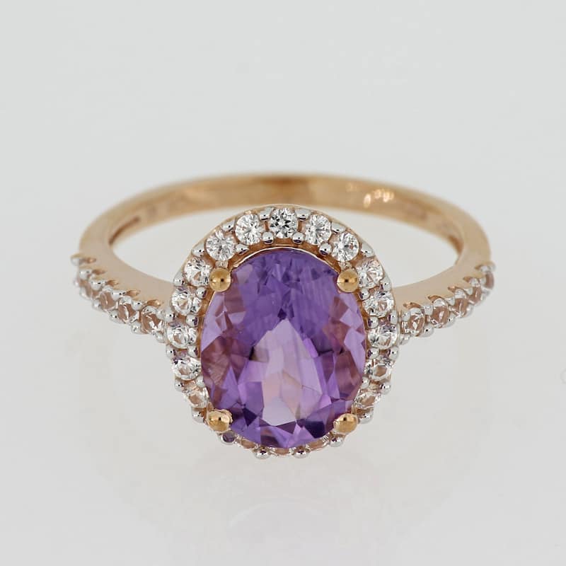 Oval-cut Amethyst and Created White Sapphire Halo Engagement Ring in 10k White Gold by Miadora