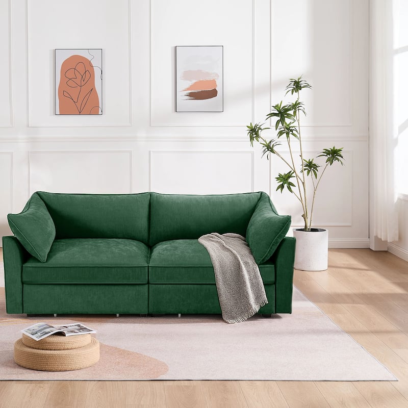Chenille Fabric Upholstered Sofa with Under-Seat Drawers - Green - 2-Seat
