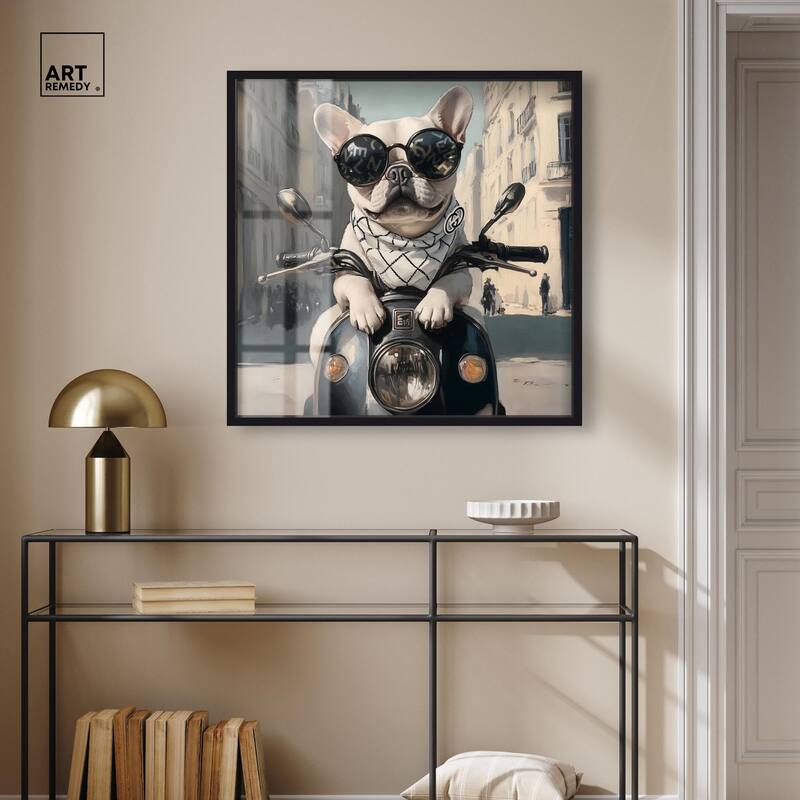 Frenchie on a Scooter Drive Shadowbox by Art Remedy