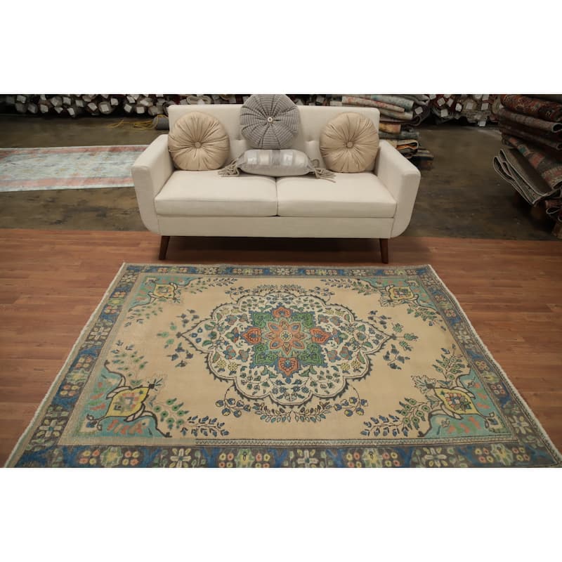 Hand Knotted Oriental 100% Wool Carpet Traditional Floral Beige & Ivories Tabriz Area Rug - 6' 5'' X 4' 8''