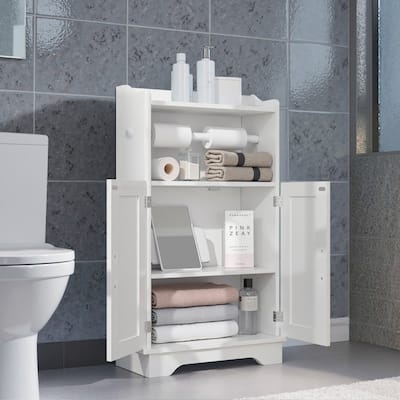 VECELO Bathroom Storage Cabinet, Wooden Floor Cabinet with 2 Doors and Toilet Roll Holder, Adjustable Shelf