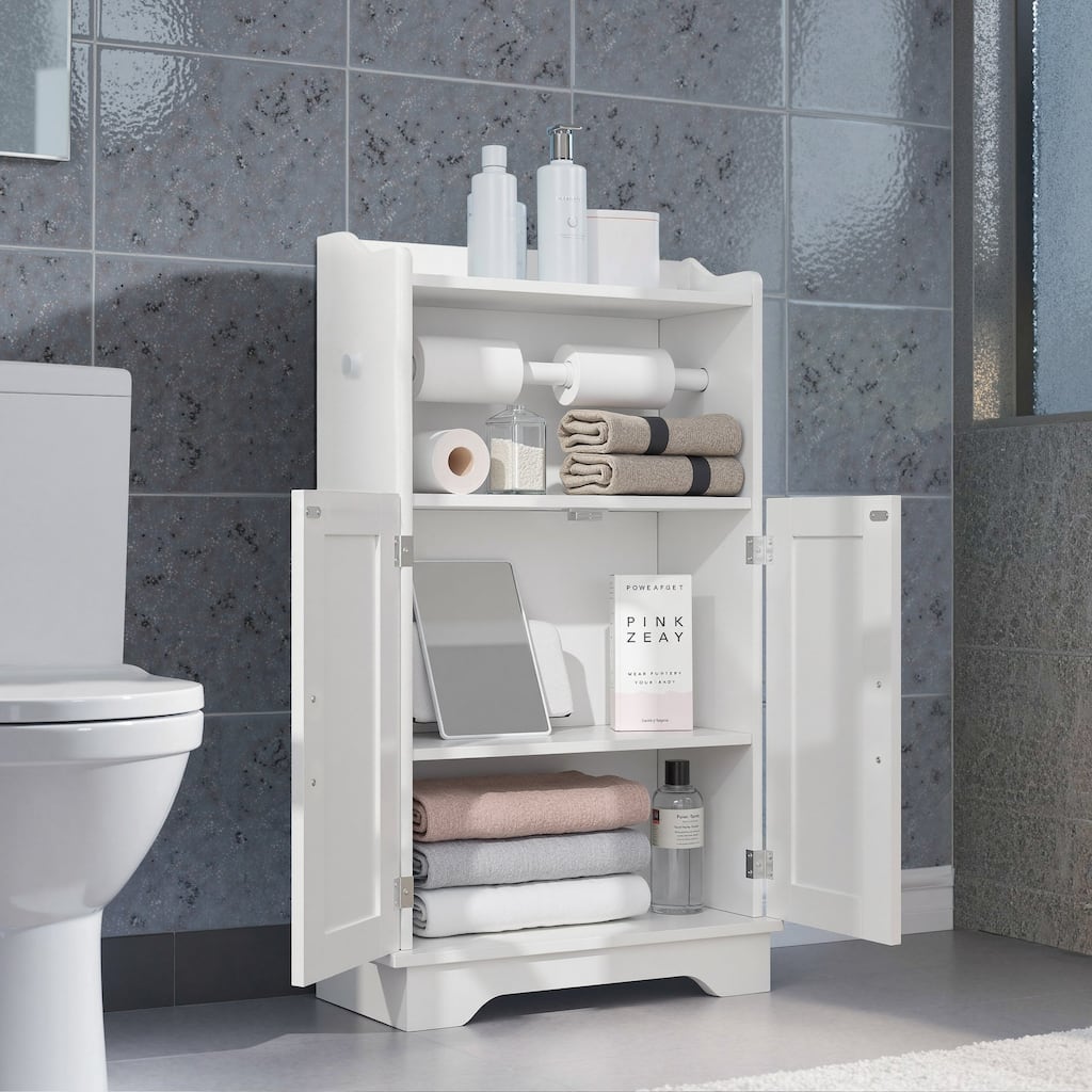 VECELO Bathroom Storage Cabinet, Wooden Floor Cabinet with 2 Doors and Toilet Roll Holder, Adjustable Shelf