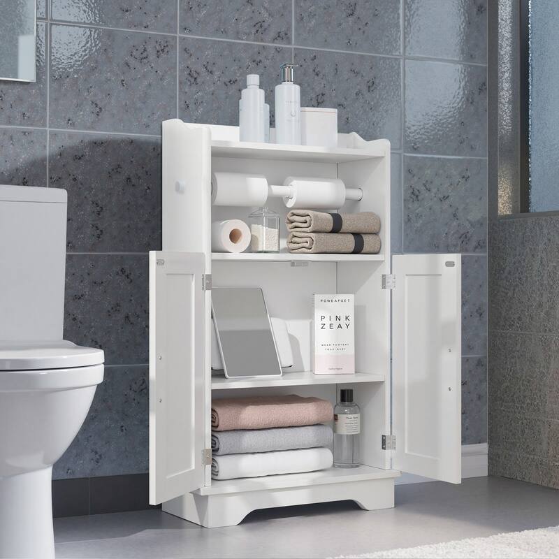 VECELO Bathroom Storage Cabinet Wooden Floor Cabinet with 2 Doors and Toilet Roll Holder Adjustable Shelf