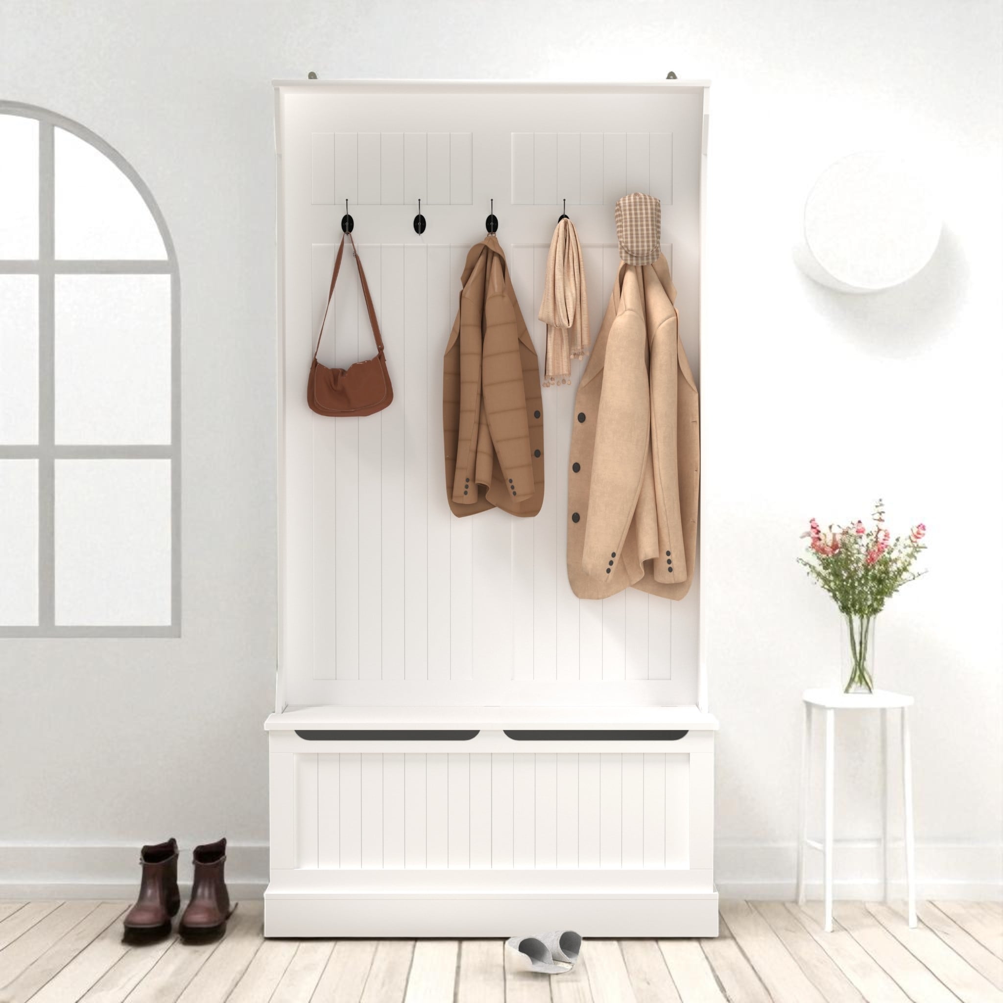 Entryway Hall Tree with Coat Rack and Shoe Storage Bench, Standing Organizer with 5 Hooks and Lift-Top Seat for Hallway