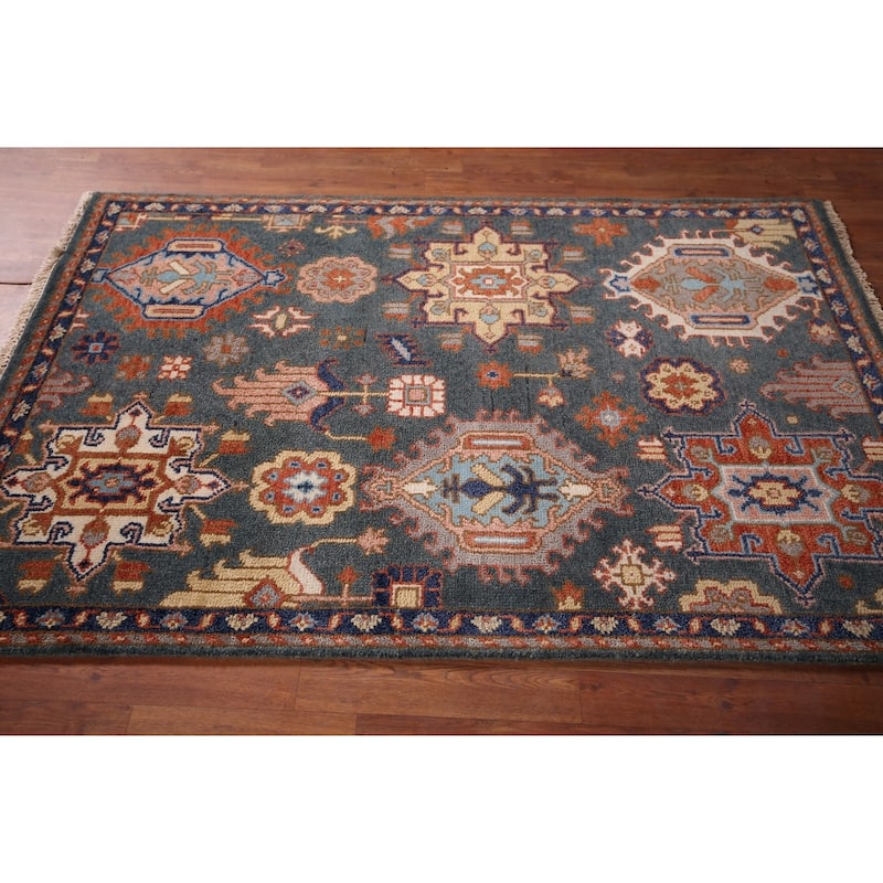 Geometric Oushak Indian Accent Rug Handmade Wool Carpet - 4'1" x 6'2"