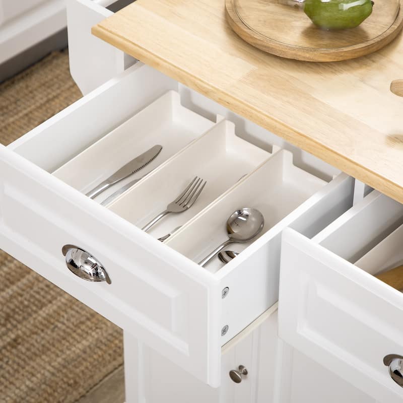 Kitchen Island with Storage, Rolling Kitchen Serving Cart with Rubber Wood Top, Storage Drawer and Cabinet