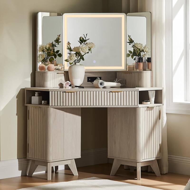 Modern Fluted Makeup Vanity Desk with 3 Way Mirror&Light, Vanity Table - White Alder