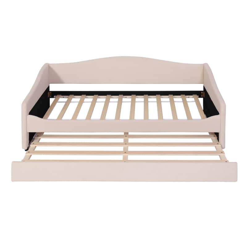 HomeRoots Beige Tufted Boucle Twin Day Bed With LED Lighting And Trundle And USB