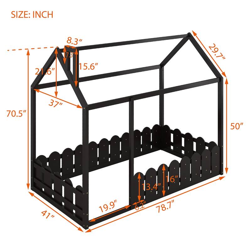 Playful Twin Wood Bed Frame with House Design, Fence, and Cozy Sleeping Space for Children