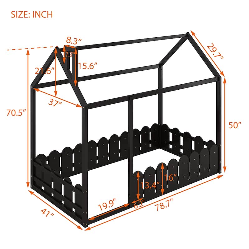 Twin Size Wood Bed House Bed Frame with Fence