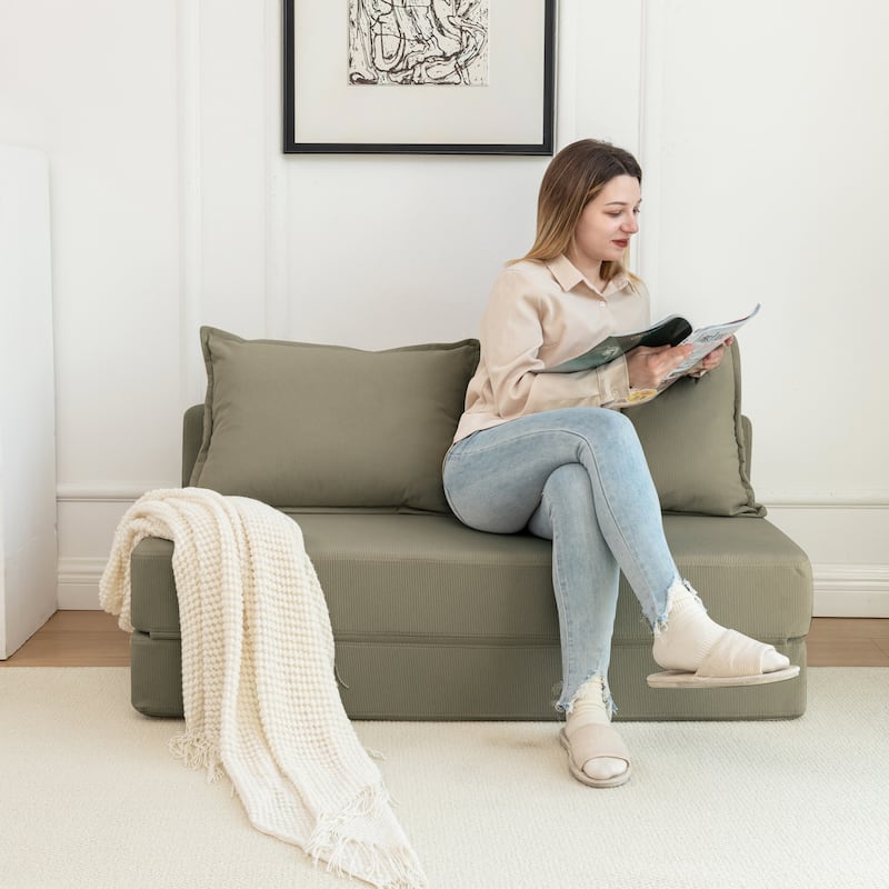 47.63" Corduroy 2-Seater Sleeper Sofa, Floor Mattress and Backrest - Green