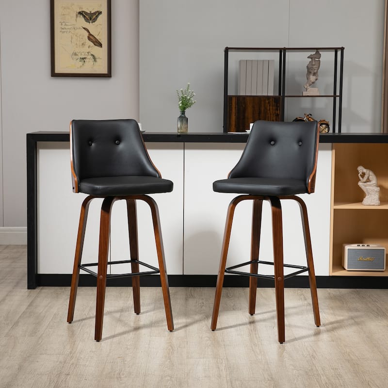Modern Counter Height Swivel Bar Stools with Tufted Back Cushioned Seat and Footrest Support - 19" W x 20.25" D x 41.75" H - Black-Walnut