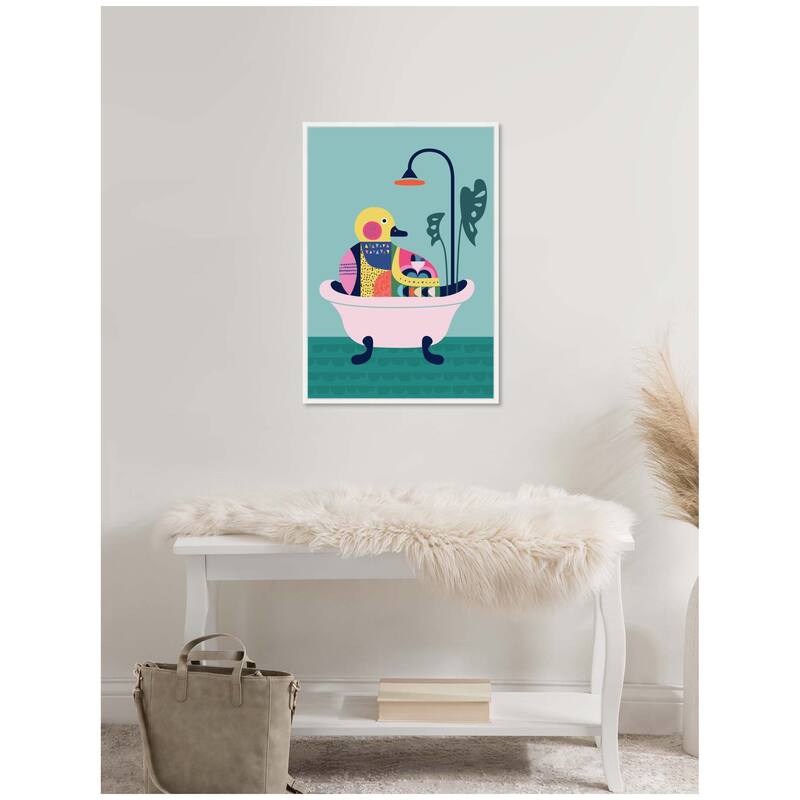 Kate and Laurel Sylvie Modern Teal Little Duckie in Bathtub Framed Canvas by Rachel Lee