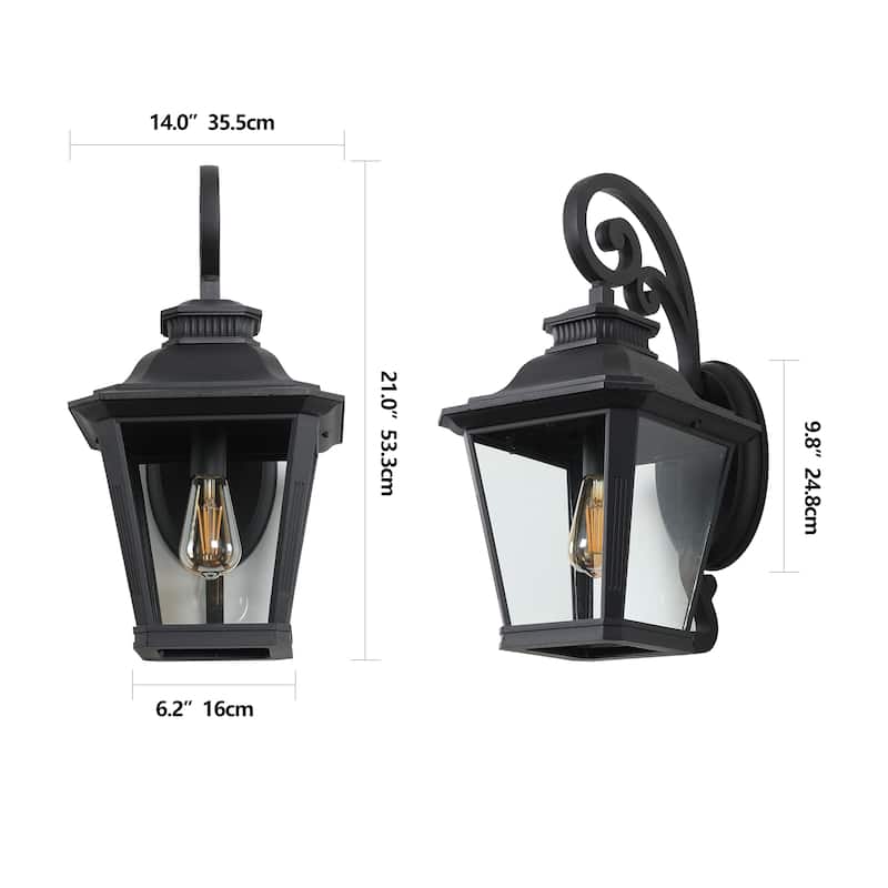14" Outdoor Wall Lanterns 2-Pack, Black Waterproof Wall Sconce with Clear Glass Panels, Vintage Exterior Light