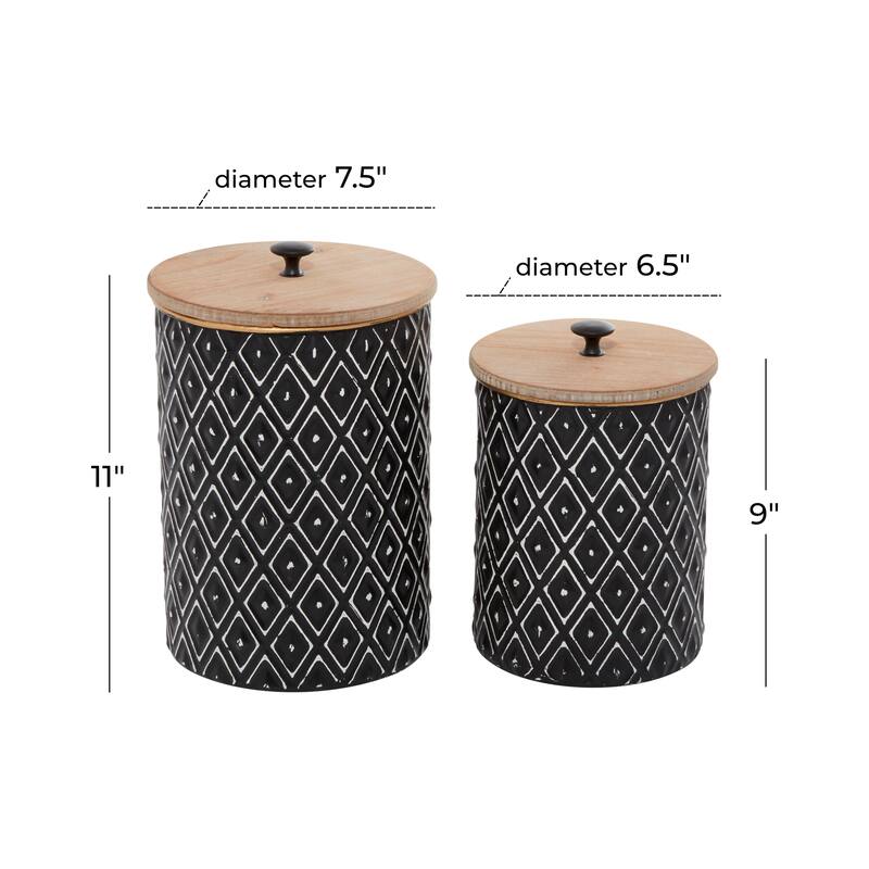 Metal Geometric Decorative Jars with Wood Lids - Set of 2 Black - Roche River Decor - 8"W x 8"L x 11"H