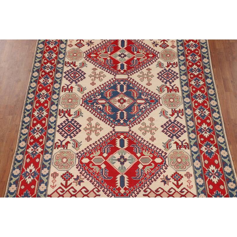 Beige / Ivory Traditional Kazak Oriental Rug Hand-Knotted Wool Carpet - 6'7" x 9'8"