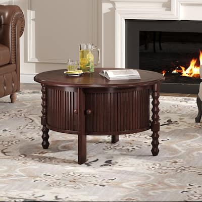 Round Slatted Coffee Table Accent Table with Storage Shelf, Modern Cocktail Table End Table with Sliding Door