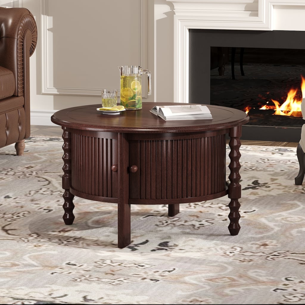 Round Slatted Coffee Table Accent Table with Storage Shelf, Modern Cocktail Table End Table with Sliding Door