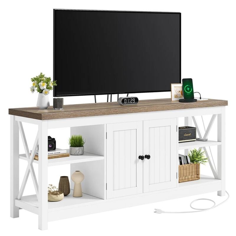 TV Stand for 65/60/55" TV Media with Power Outlets White & Beige - 58 inches
