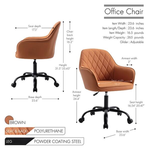 dimension image slide 3 of 3, Porthos Home Nadia PU Leather Upholstered Office Chair with Steel Legs