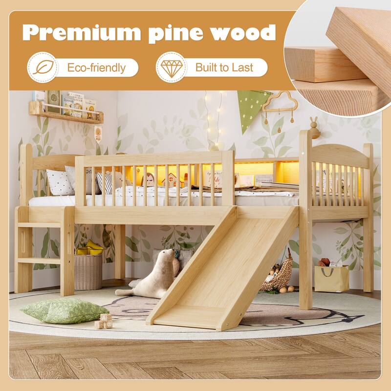 Twin XL Loft Bed with Storage Shelves, LED Lights & Guardrails