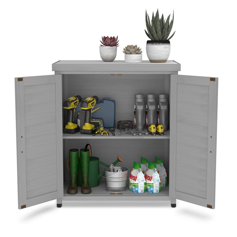 Wooden Patio Furniture with Metal-Tabletop, Potting Bench with Storage Cabinet, Outdoor Patio Storage Cabinet with Shelves