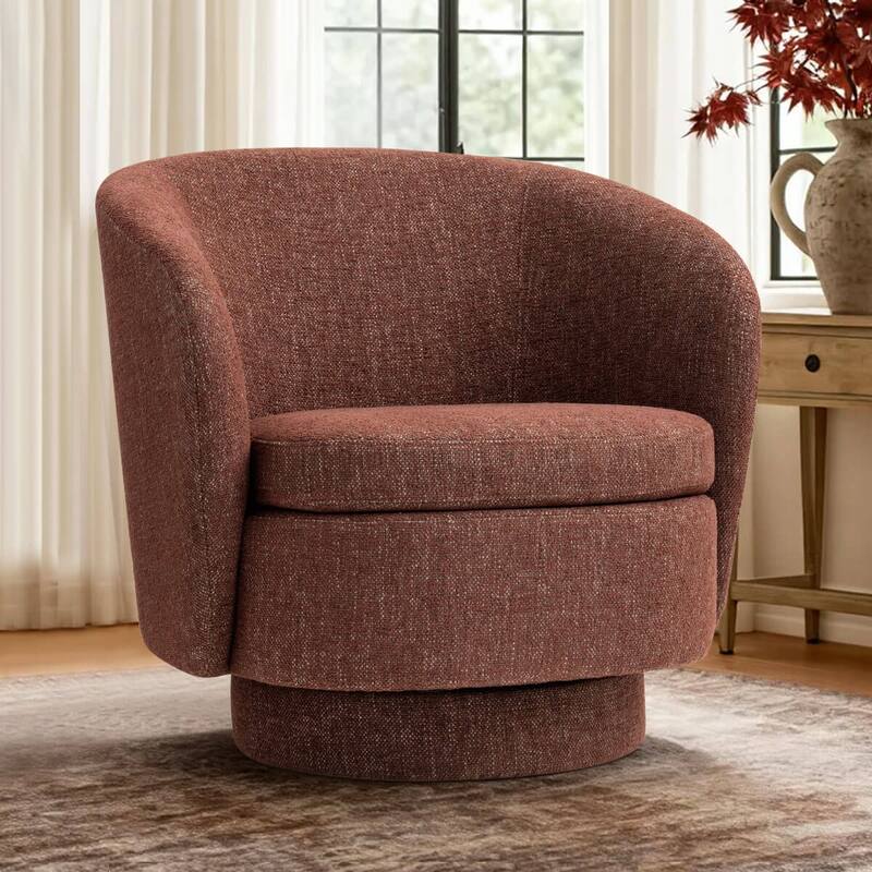 Modern Linen Swivel Barrel Accent Chair Single - Rust Red Tweed