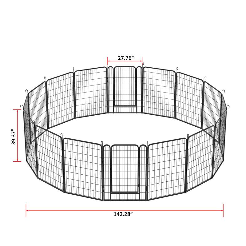 16 Panels Heavy Duty Metal Playpen With Door,39.37"H Dog Fence Pet Exercise Pen For Outdoor - Dia 142.28” x 39.37”H