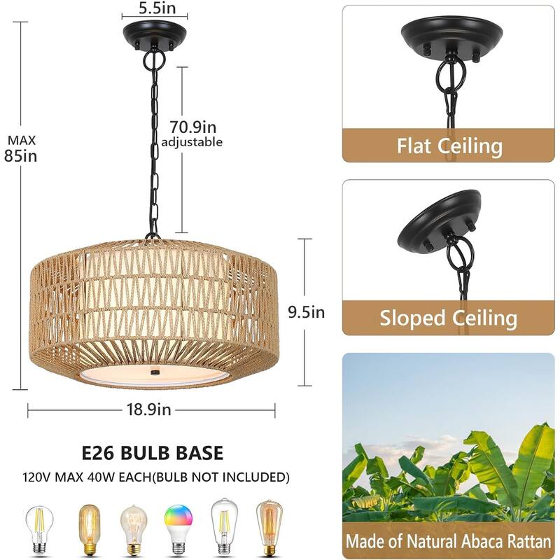 Chandelier Light Fixture, 4-Light Rattan Chandeliers with Fabric Shade for Bedroom, Hand Woven Dining Room Light Fixture