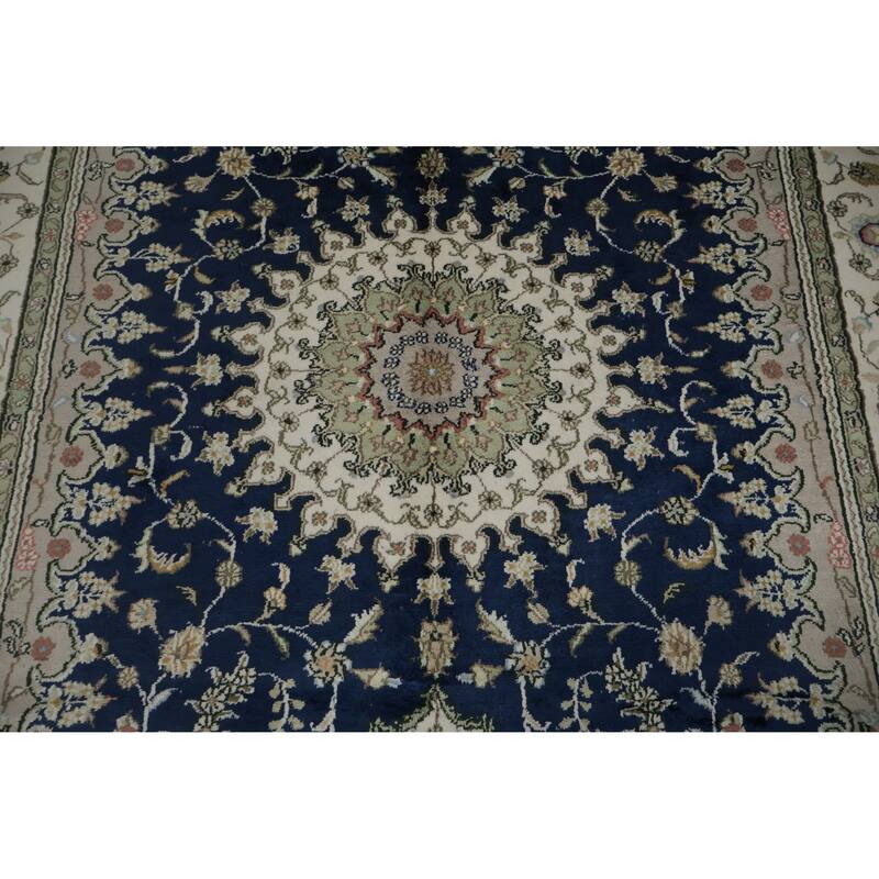 Hand Knotted Oriental Silk Carpet Traditional Floral Navy Blue & Blues Kashmar Area Rug - 7' 10'' X 5' 0''