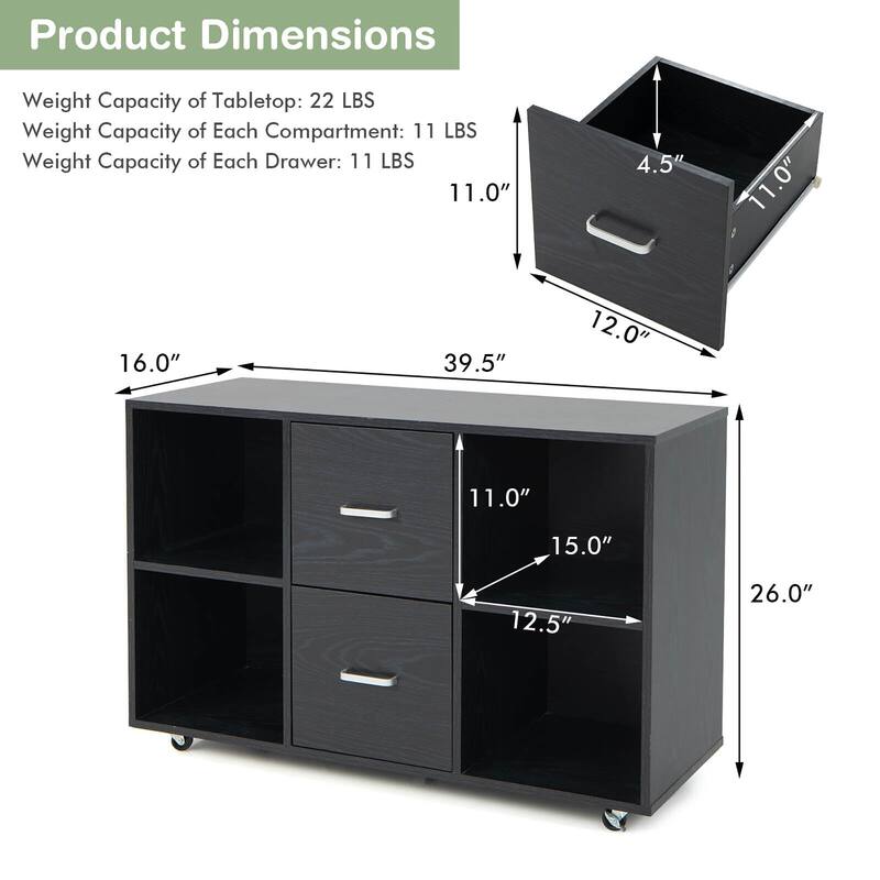 Gymax Rolling Wood File Cabinet w/ 2 Large Drawers & 4 Open