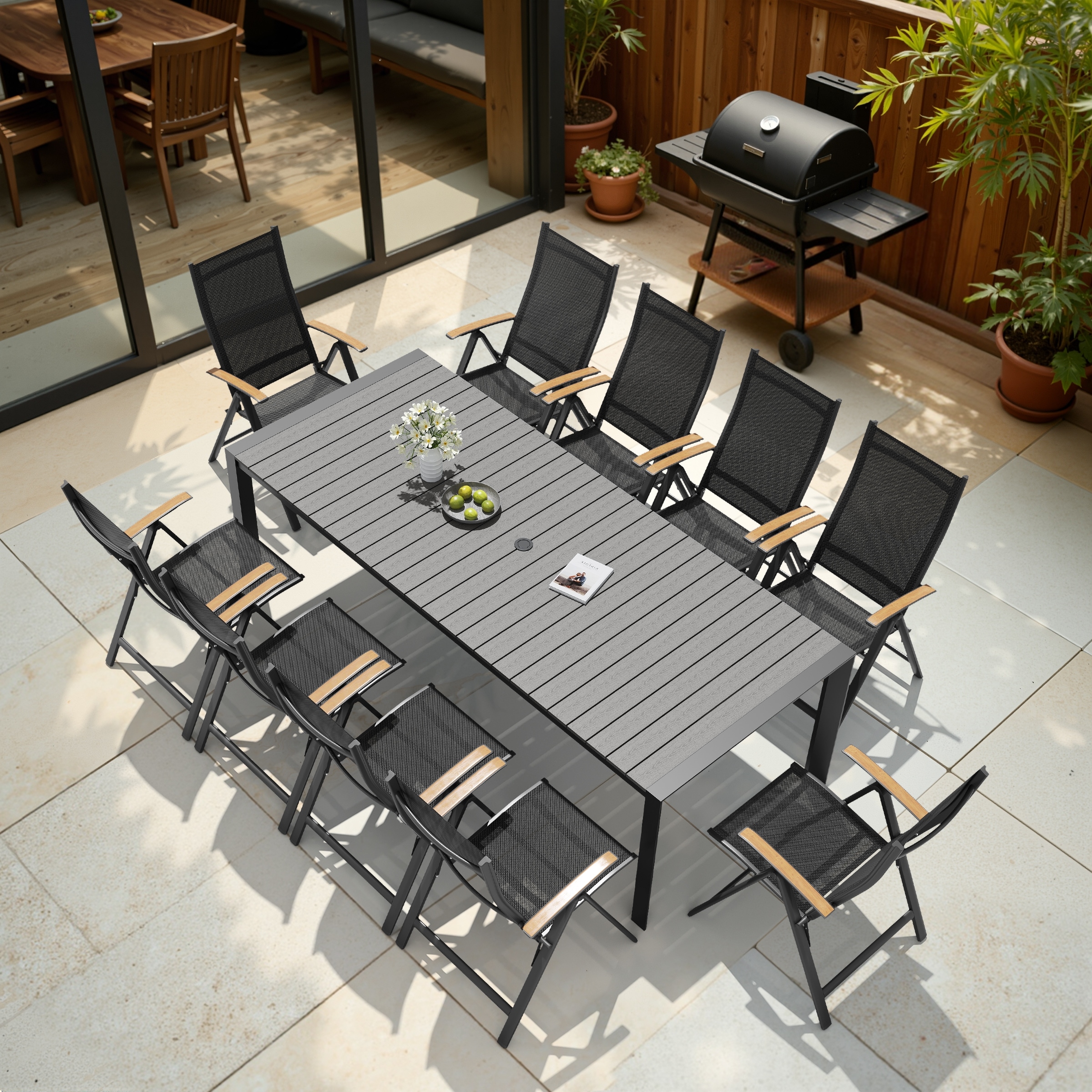 11-Piece Outdoor Patio Dining Set Wood Like Table Top Aluminum Rectangular Umbrella Hole Table with Folding Teak Armrest Chairs