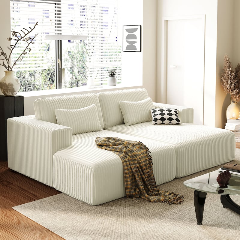 Oversized Double Chaise Lounge Sofa, Comfy Full-Compressed Sleeper Sofa Bed, Corduroy Upholstered Sofa Bed with 2 Pillows - White