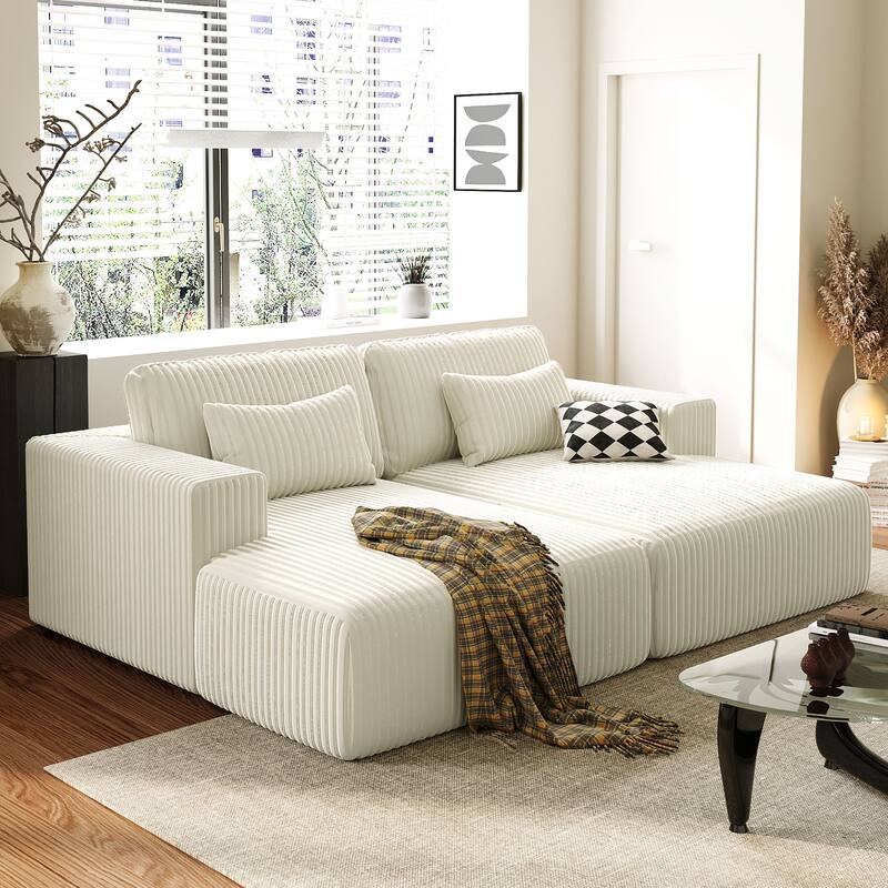 Retro-Inspired Corduroy Double Sofa Bed with Removable Cushions and Pillows - White