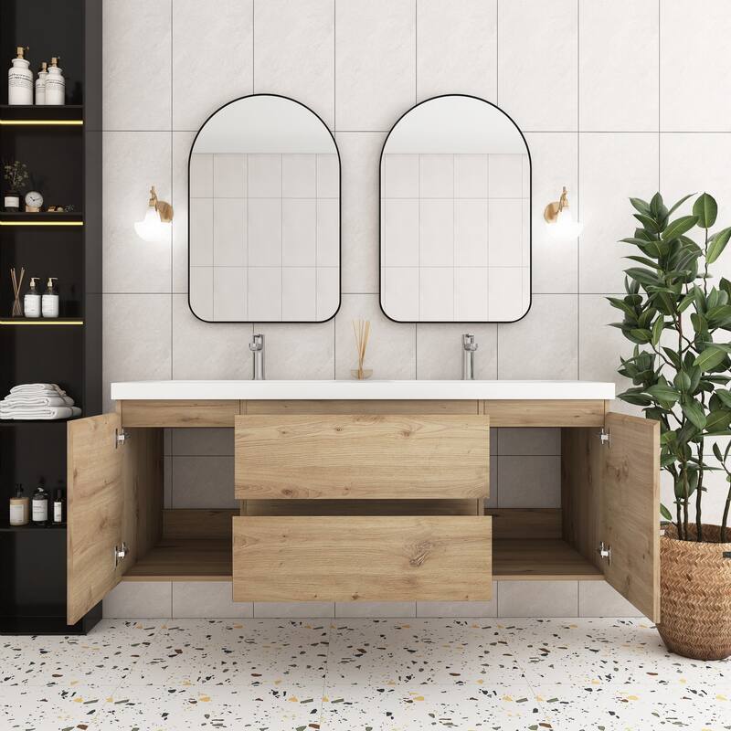 Angela Wall Mounted Bathroom Vanity in F. Oak with White Cultured Marble Top