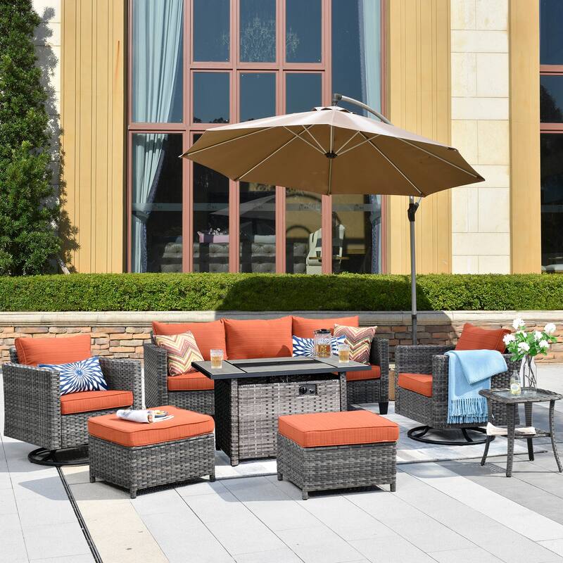 OVIOS 7-piece Wicker Sectional Sofa Swivel Rocking Chair Set With Fire Pit - Orange/Red