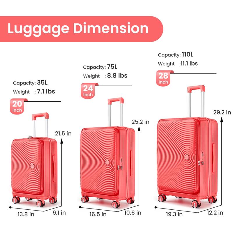 3 Piece Luggage Sets(20/24/28), Carry On Expandable Luggage, Hard Shell Lightweight Suitcase Set w/Front Pocket & Spinner Wheels