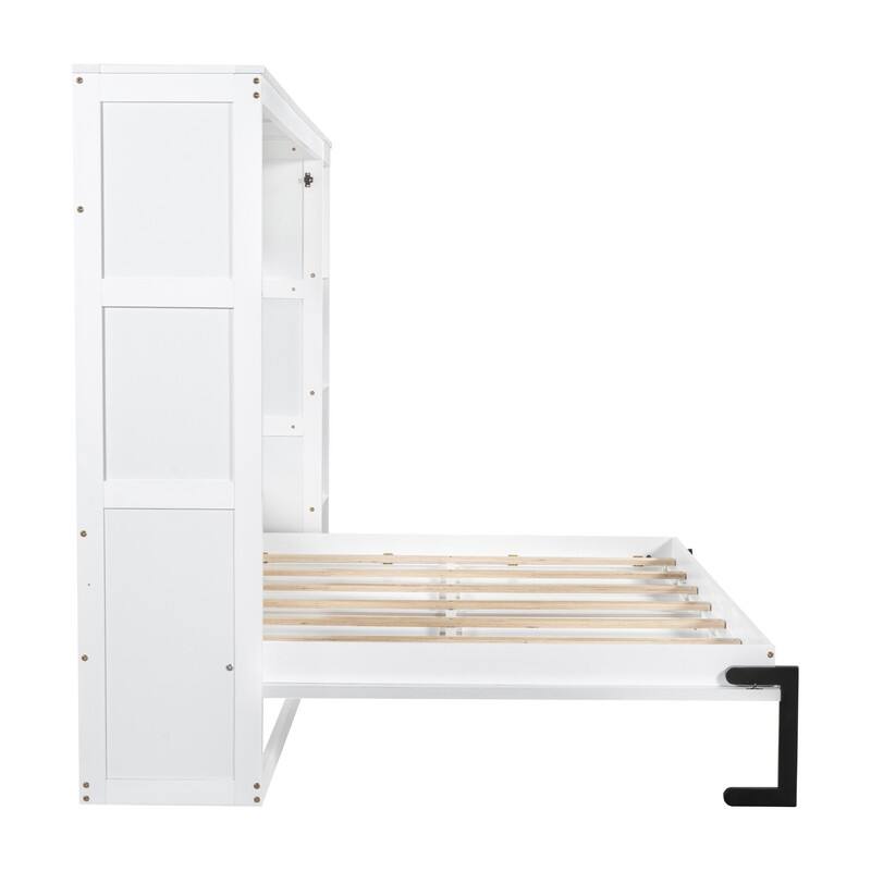 Full Size Murphy Bed with Bookshelf, Foldable Bed Frame with Storage Shelves, Wooden Cabinet Bed with Handle
