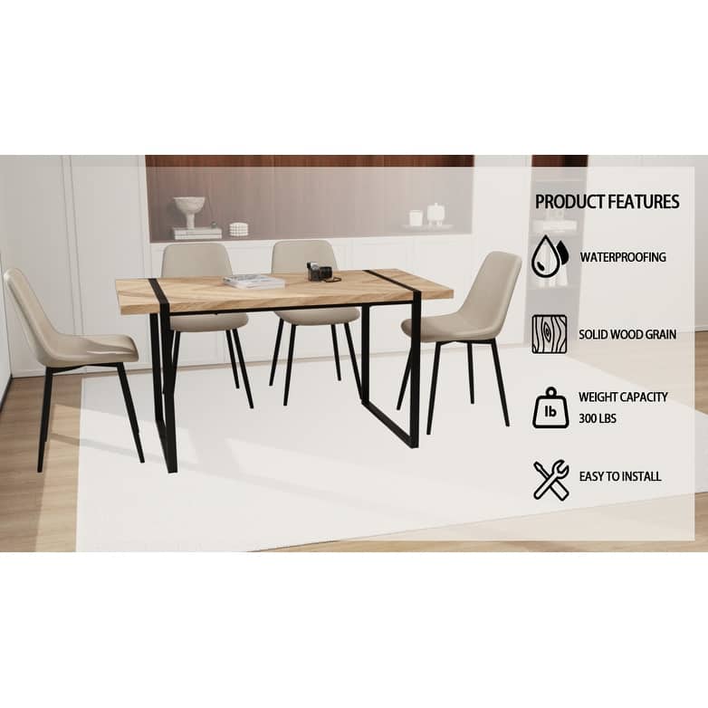 Modern 5-Piece Dining Set with Light Wood Rectangular Metal Base Table & 4 Square Corner Suede Chairs