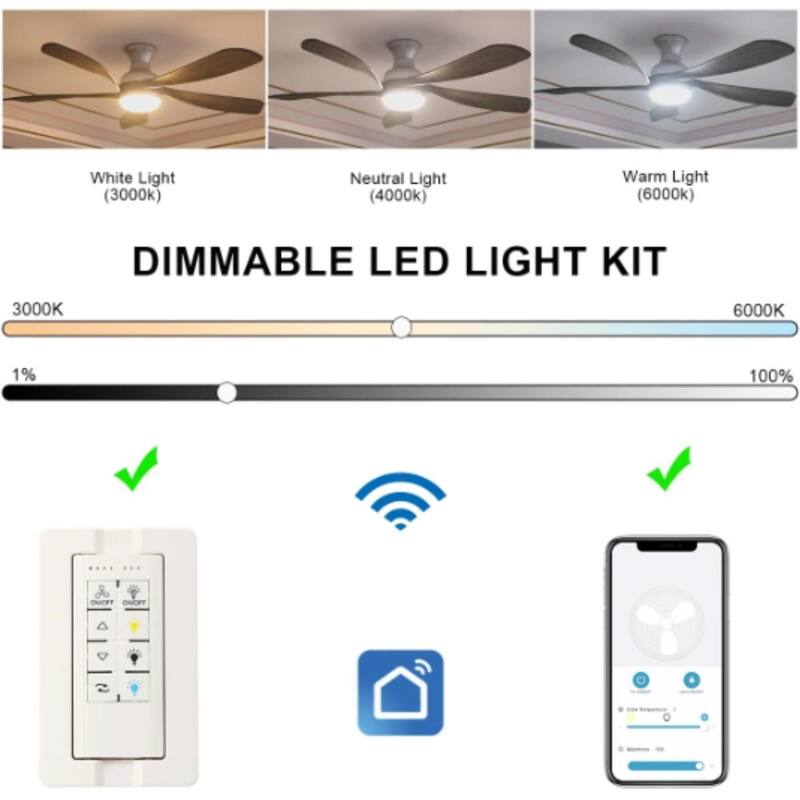 52 Inch Flush Mount Smart Ceiling Fan with Light, APP and Remote Control, Low Profile - 52 inch